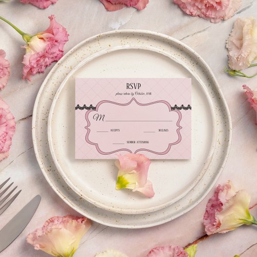 Black Lace on Soft Pink Custom Wedding RSVP Card