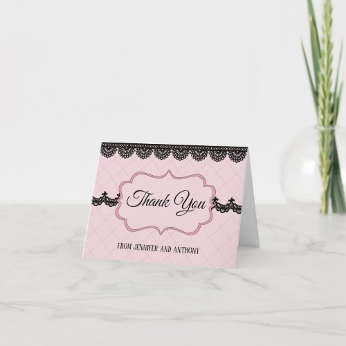 Black Lace on Soft Pink Custom Wedding Thank You Card