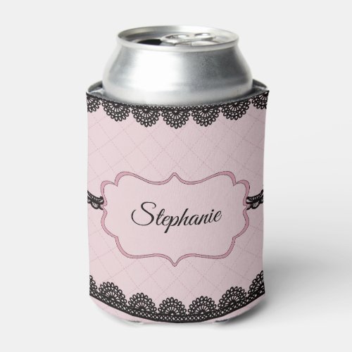 Black Lace on Soft Pink Personalized Can Cooler