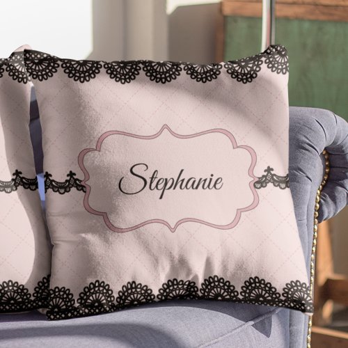 Black Lace on Soft Pink Personalized Throw Pillow
