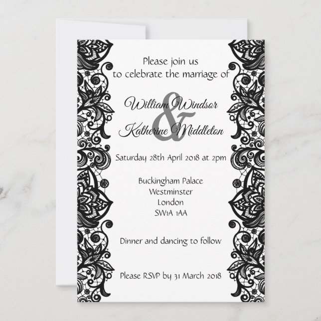Black lace on white background Wedding Invitation (Front)