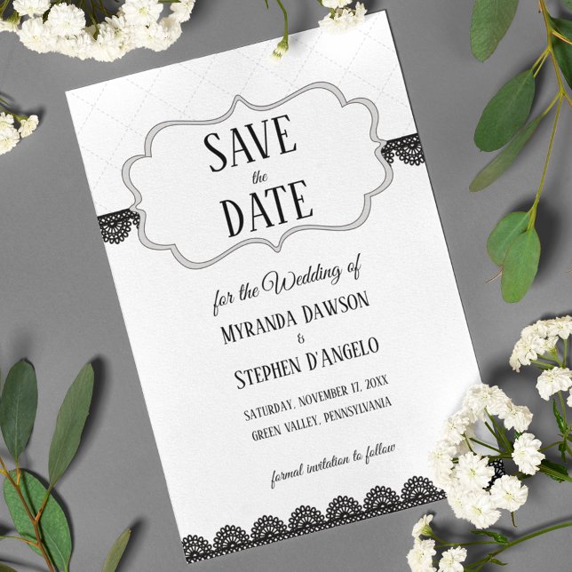 Black Lace on White Custom Save the Date Invitation (Creator Uploaded)