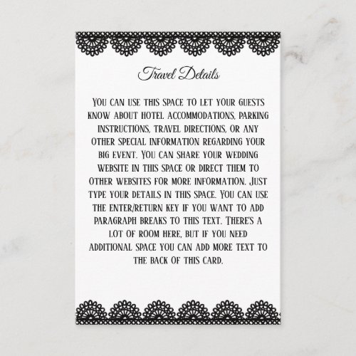 Black Lace on White Custom Wedding Enclosure Card