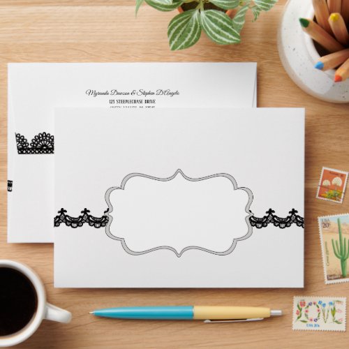 Black Lace on White Custom Wedding Envelope