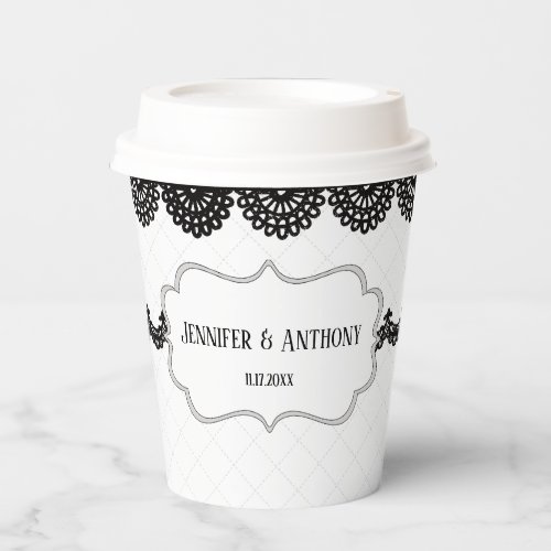 Black Lace on White Custom Wedding Paper Cups