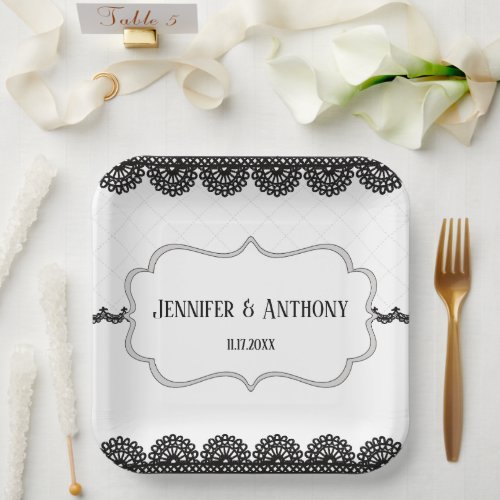 Black Lace on White Custom Wedding Paper Plates