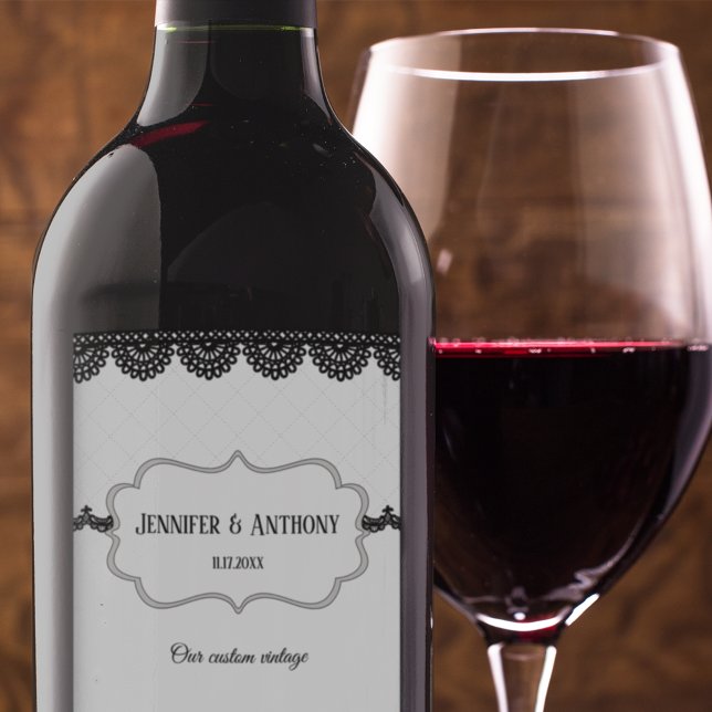 Black Lace on White Custom Wedding Wine Label (Creator Uploaded)
