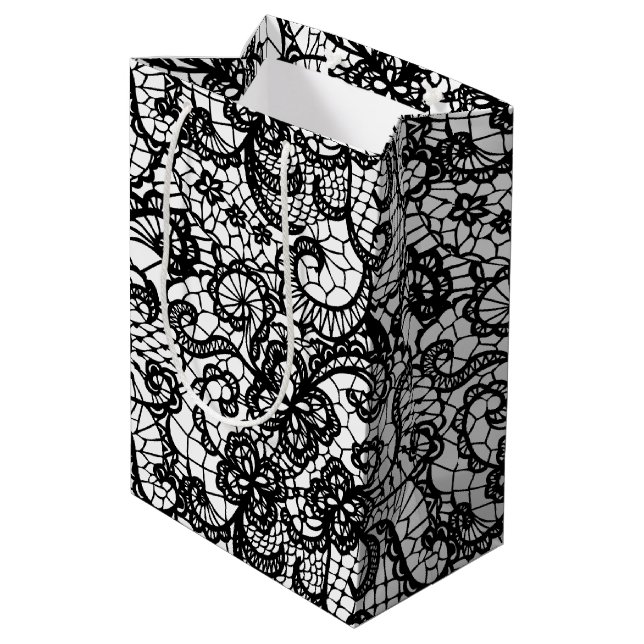 Black Lace on White Medium Gift Bag (Back Angled)