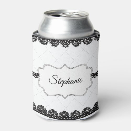 Black Lace on White Personalized Can Cooler