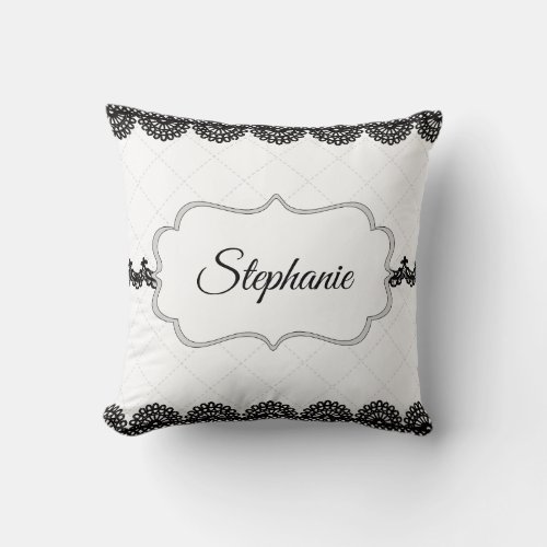 Black Lace on White Personalized Throw Pillow