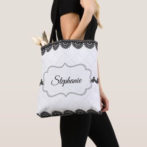 Black Lace on White Personalized Tote Bag
