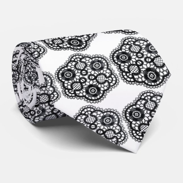 Black Lace on White Wedding Neck Tie (Rolled)