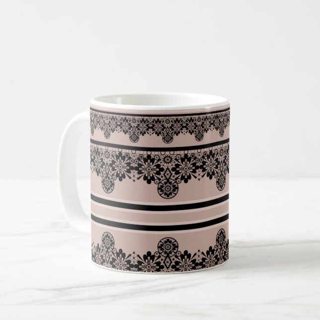 Black lace, openwork, brown background, beige, Bla Coffee Mug (Front Left)