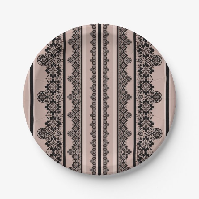 Black lace, openwork, brown background, beige, Bla Paper Plates (Front)
