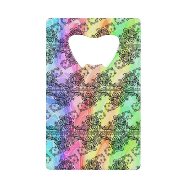Black Lace Over Pastel Rainbow Credit Card Bottle Opener (Front)