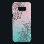 Black Lace Over Sparkling Glitter Uncommon Samsung Galaxy S8  Case<br><div class="desc">Modern elegant sparkling faux glitter in blue-green and salmon pink background.
Black ornate tribal mandala lace. Optional monogram.</div>