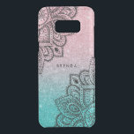 Black Lace Over Sparkling Glitter Uncommon Samsung Galaxy S8  Case<br><div class="desc">Modern elegant sparkling faux glitter in blue-green and salmon pink background.
Black ornate tribal mandala lace. Optional monogram.</div>
