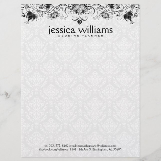 Black Lace Over White Damasks Background Letterhead (Front)