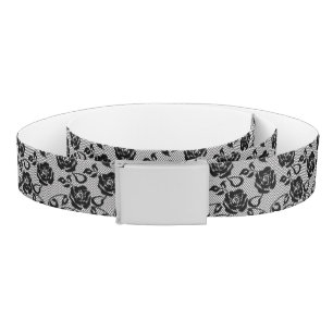 Black lace pattern on white background belt