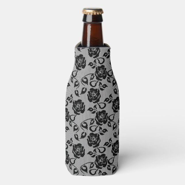 Black lace pattern on white background bottle cooler (Bottle Front)