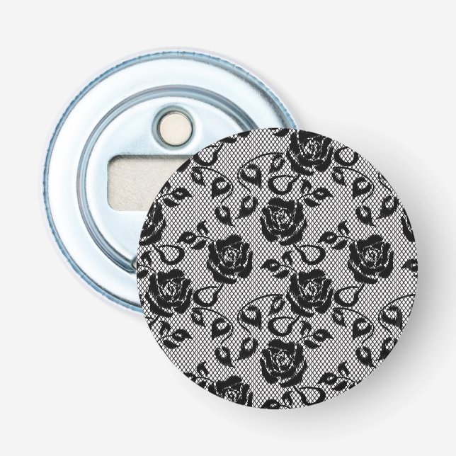 Black lace pattern on white background bottle opener (Front)