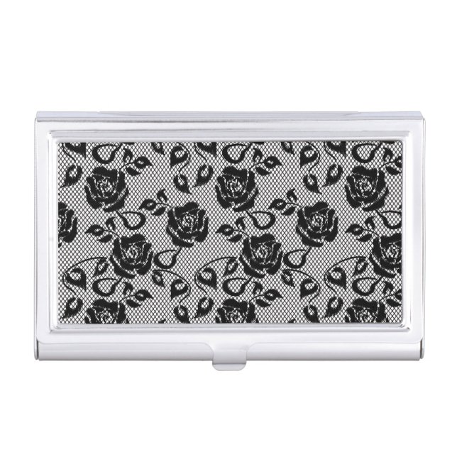 Black lace pattern on white background business card holder (Front)