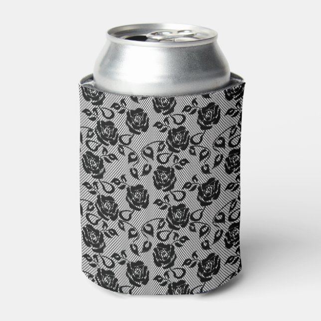 Black lace pattern on white background can cooler (Can Front)