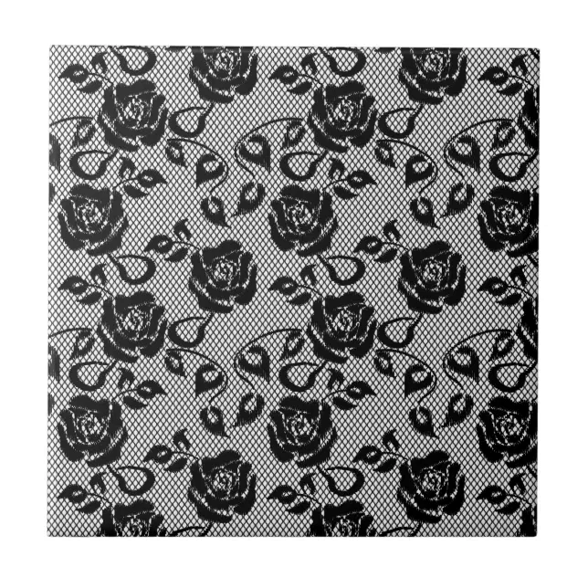 Black lace pattern on white background ceramic tile | Zazzle