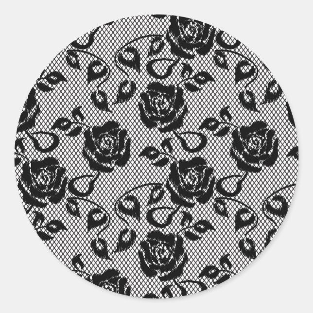 Black lace pattern on white background classic round sticker (Front)