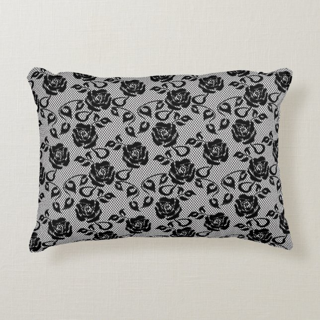 Black lace pattern on white background decorative pillow (Front)