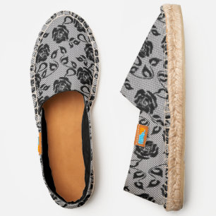 Black lace pattern on white background espadrilles