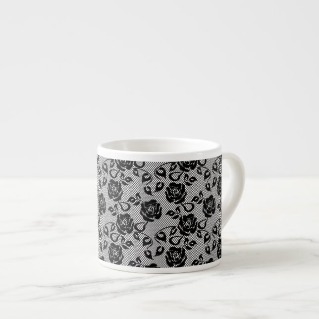 Black lace pattern on white background espresso cup (Front Right)