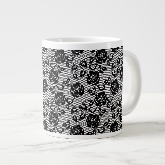 Black lace pattern on white background giant coffee mug (Front Right)