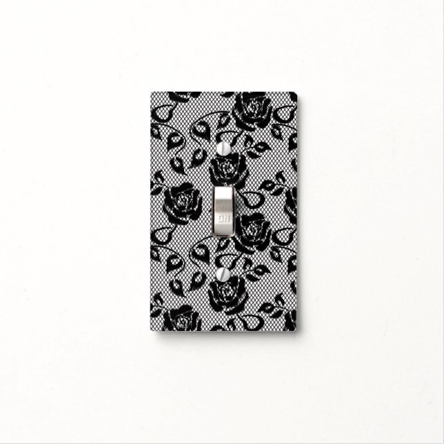 Black lace pattern on white background light switch cover (In Situ)
