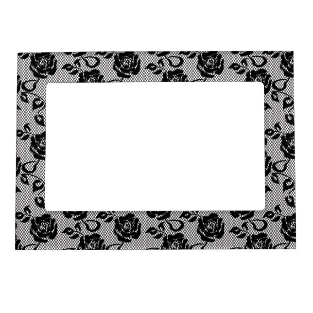 Black lace pattern on white background magnetic photo frame (Front)