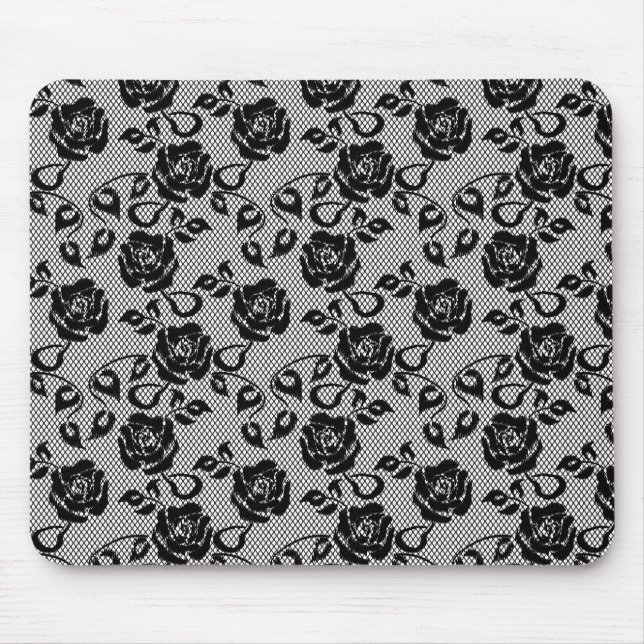 Black lace pattern on white background mouse pad (Front)