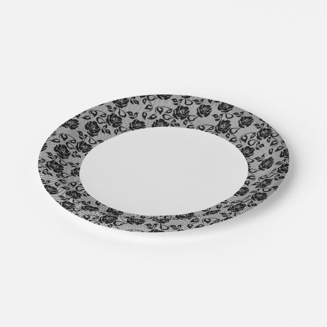Black lace pattern on white background paper plates (Angled)