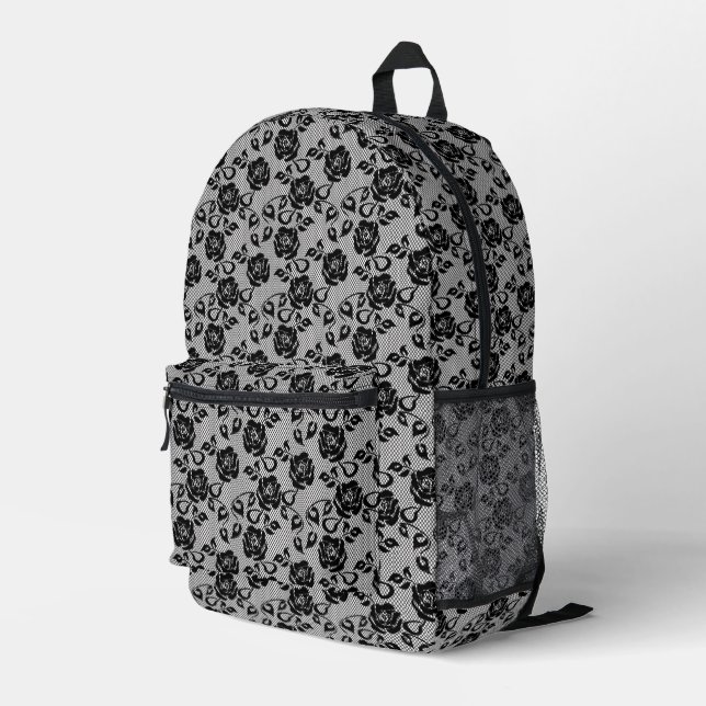 Black lace pattern on white background printed backpack (Back Corner Right)