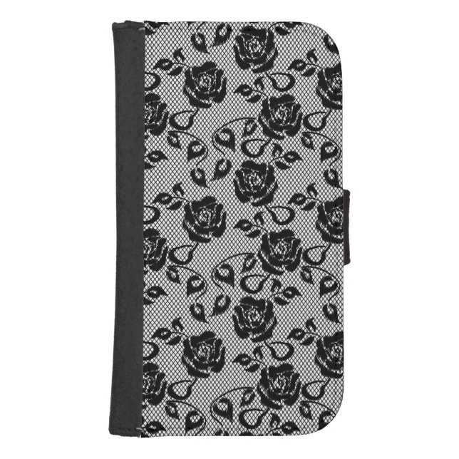 Black lace pattern on white background samsung galaxy wallet case (Front)