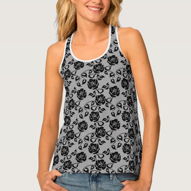 Black lace pattern on white background tank top (Front)