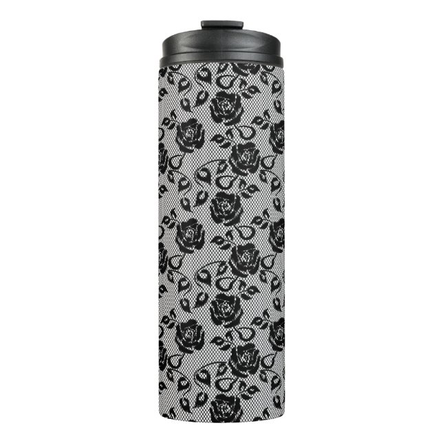 Black lace pattern on white background thermal tumbler (Front)