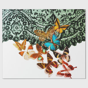 BLACK LACE PATTERN WITH BUTTERFLIES Wrapping Paper