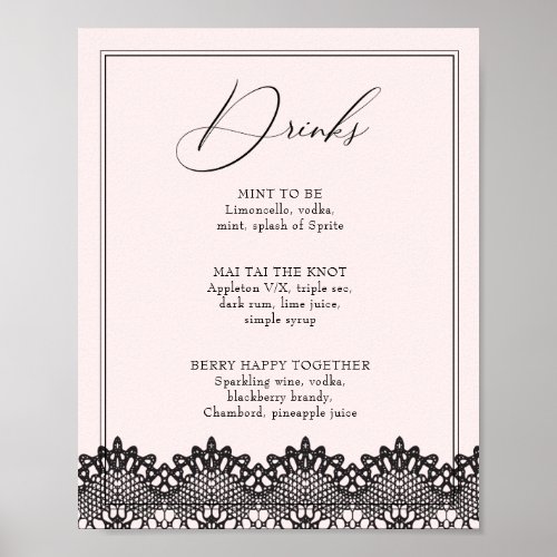 Black Lace Pink Bachelorette Drink or Bar Menu Poster