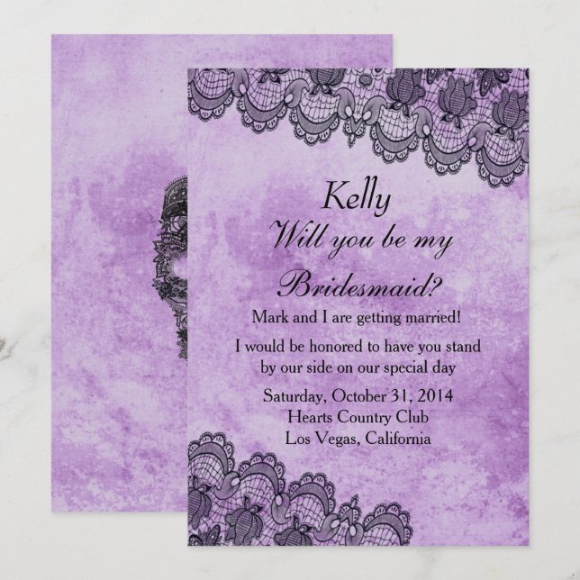 Black Lace Purple Gothic Wedding Bridesmaid Invitation (Front/Back)