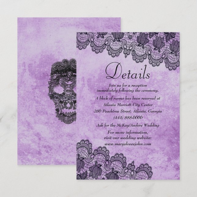 Black Lace Purple Gothic Wedding Details Card (Front/Back)