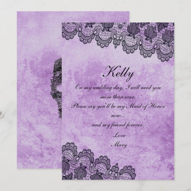 Black Lace Purple Gothic Wedding Maid Of Honor Invitation (Front/Back)