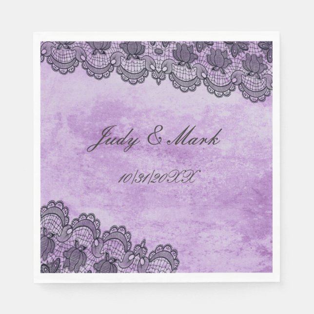 Black Lace Purple Gothic Wedding Paper Napkins (Front)