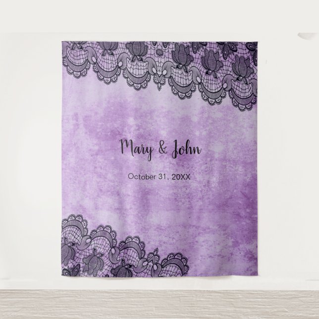 Black Lace Purple Gothic Wedding Photo Backdrop (Front)