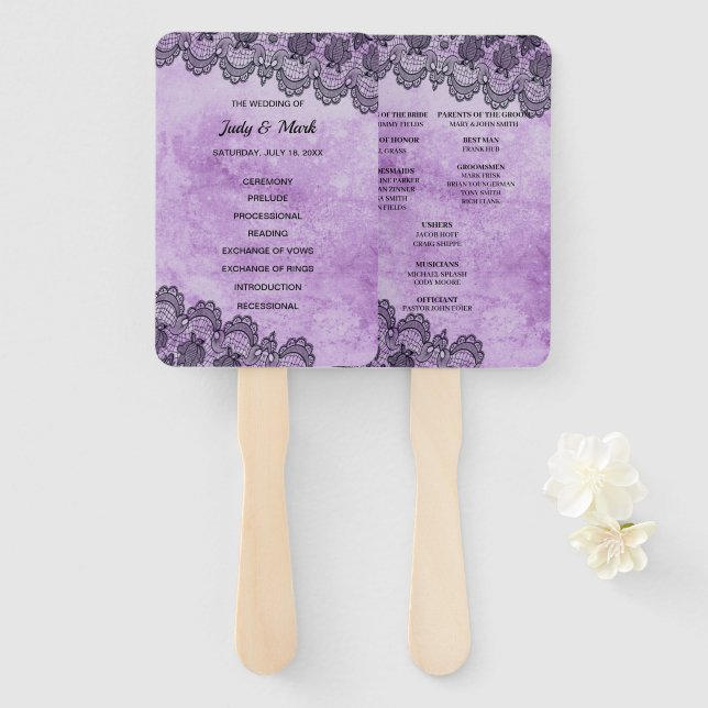 Black Lace Purple Gothic Wedding Program Hand Fan (Front and Back)