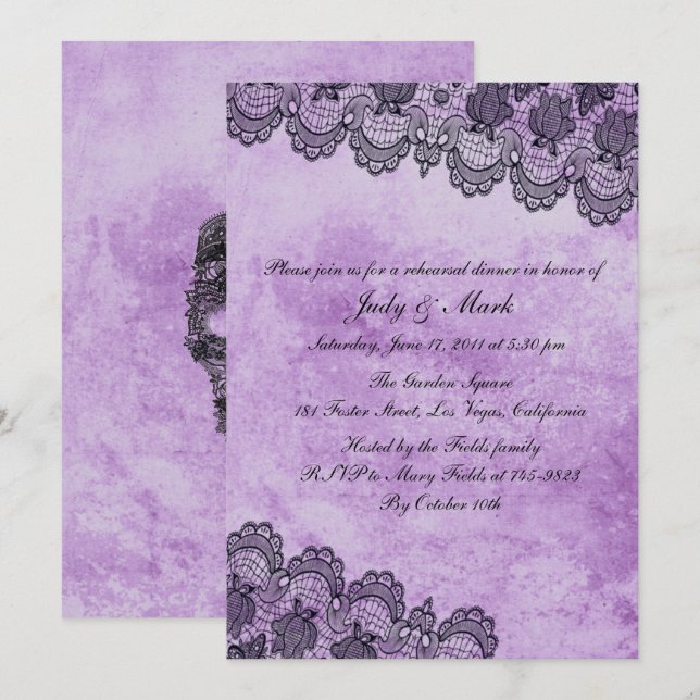Black Lace Purple Gothic Wedding Rehearsal Dinner Invitation (Front/Back)